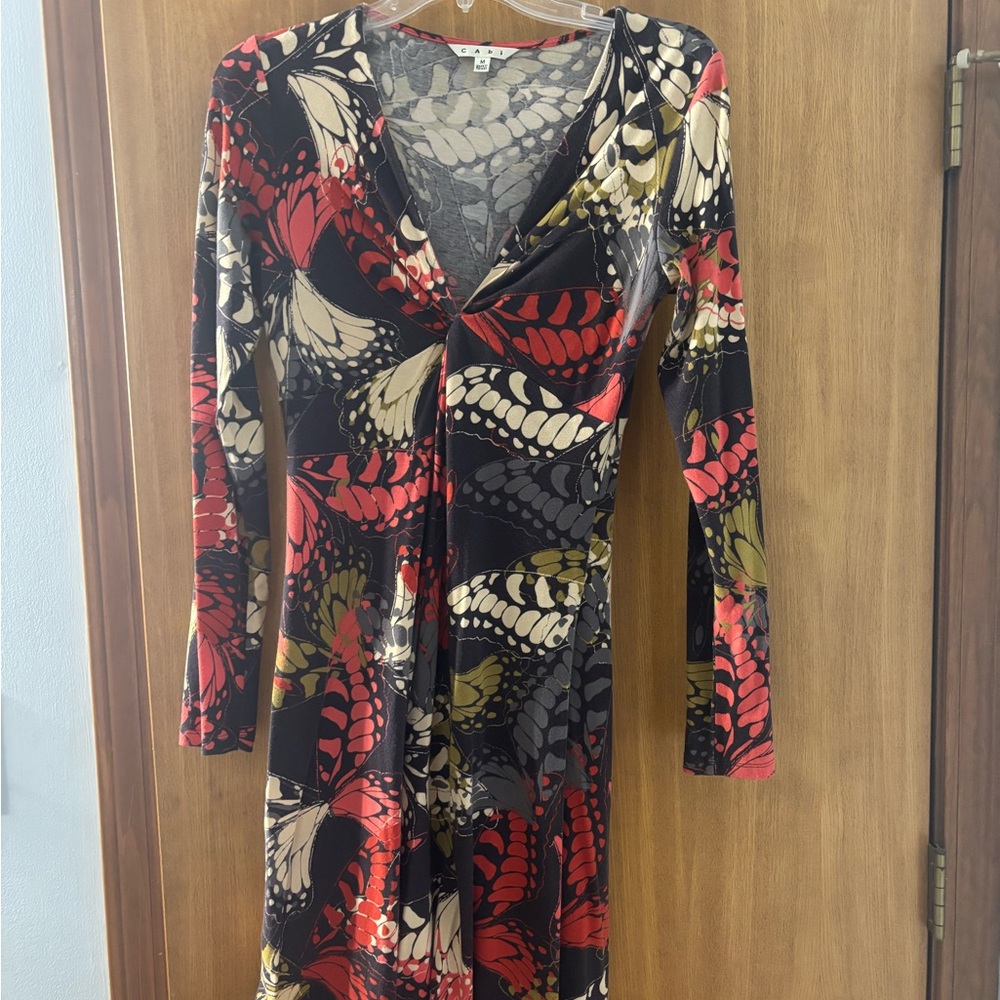 CAbi Red and Cream Patterned Long Sleeve Dress